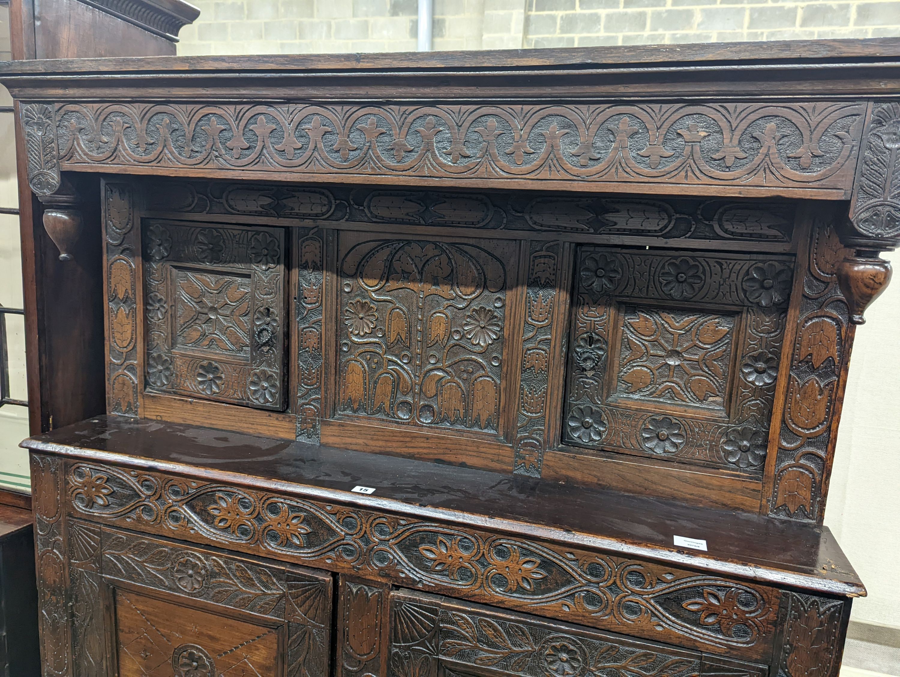 A 17th century and later oak court cupboard, width 129cm, depth 50cm, height 180cm